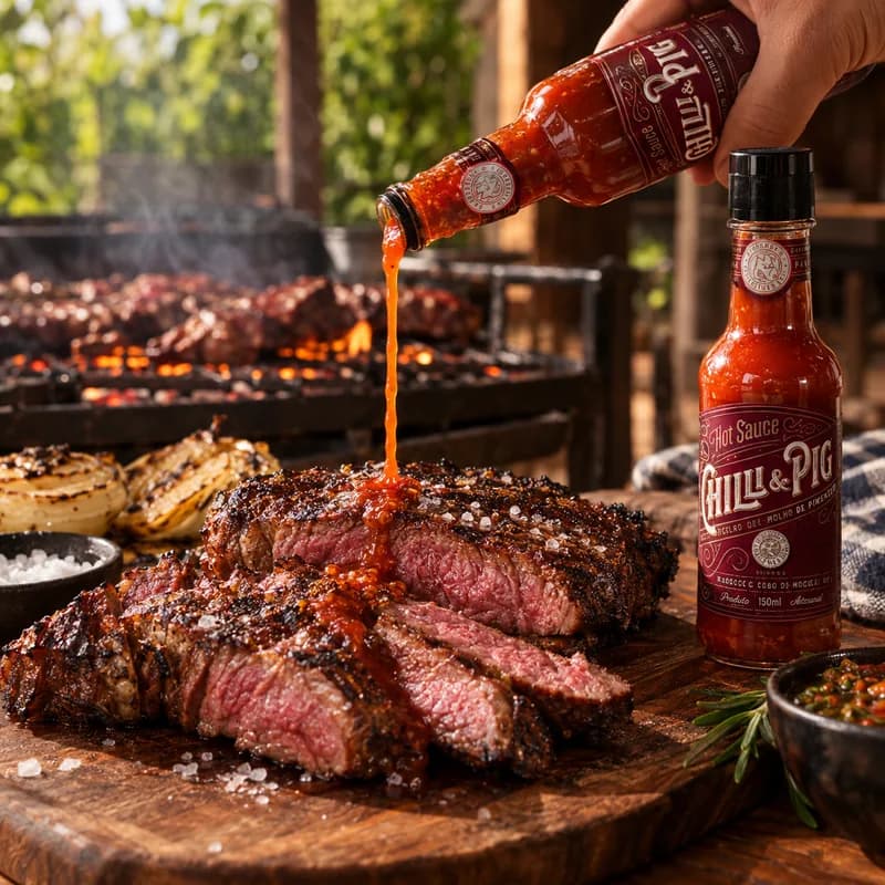 Picanha fatiada na tábua recebendo molho de pimenta, com a churrasqueira ao fundo