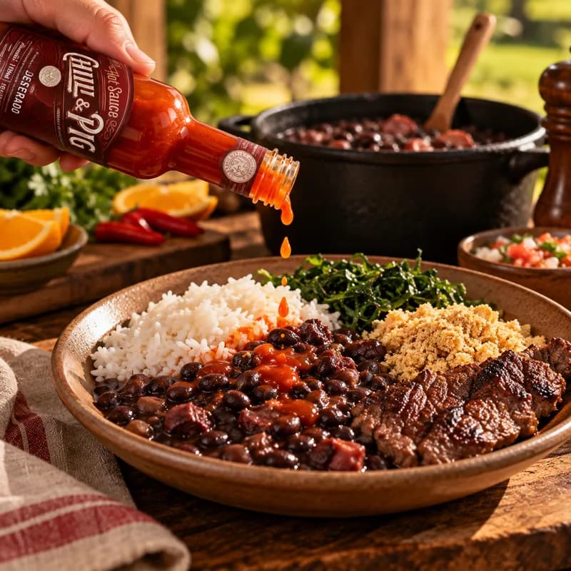 Prato de feijoada com arroz, couve e farofa recebendo molho de pimenta