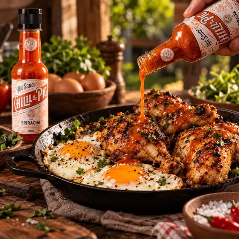 Frango grelhado e ovos fritos numa frigideira de ferro, com molho de pimenta sendo servido