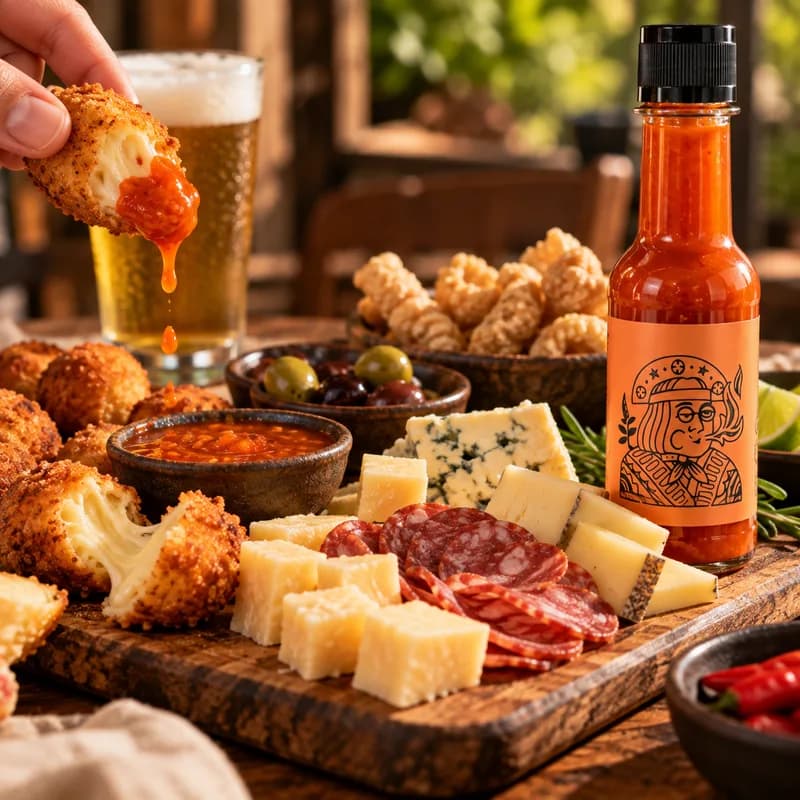 Tábua de frios com queijos, bolinhos e salame, acompanhada de molho de pimenta e cerveja