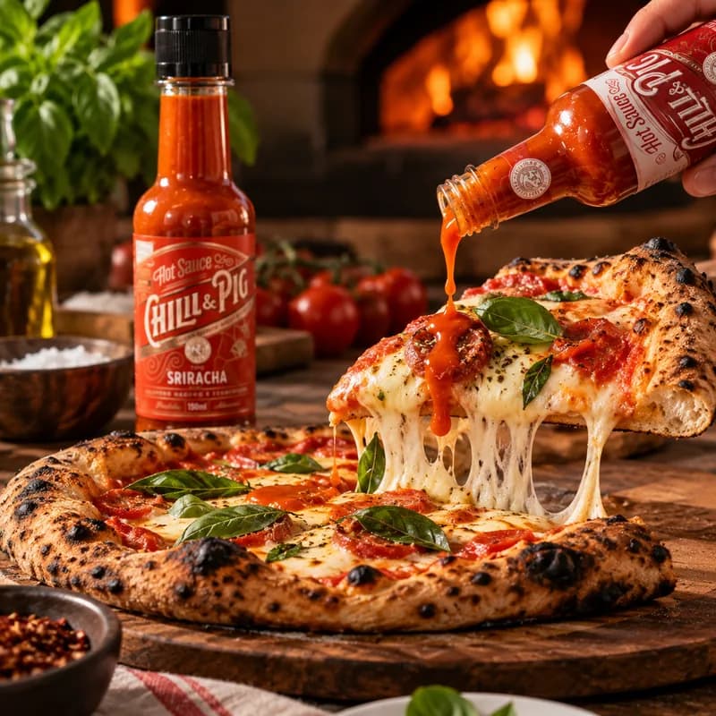 Fatia de pizza margherita sendo servida com molho de pimenta, forno a lenha ao fundo