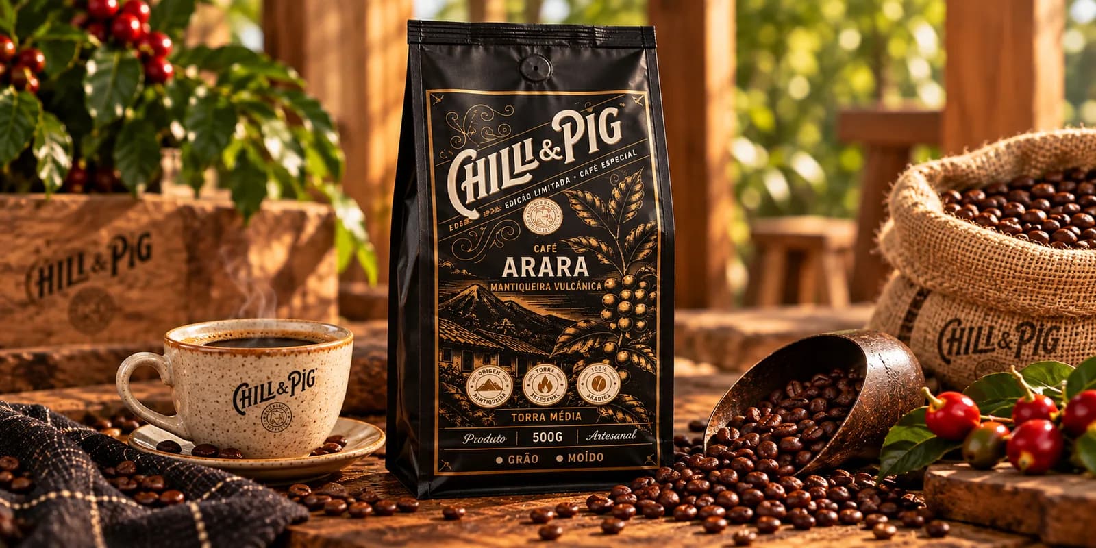 Pacote de Café Arara Chilliepig ao lado de xícara servida e grãos torrados